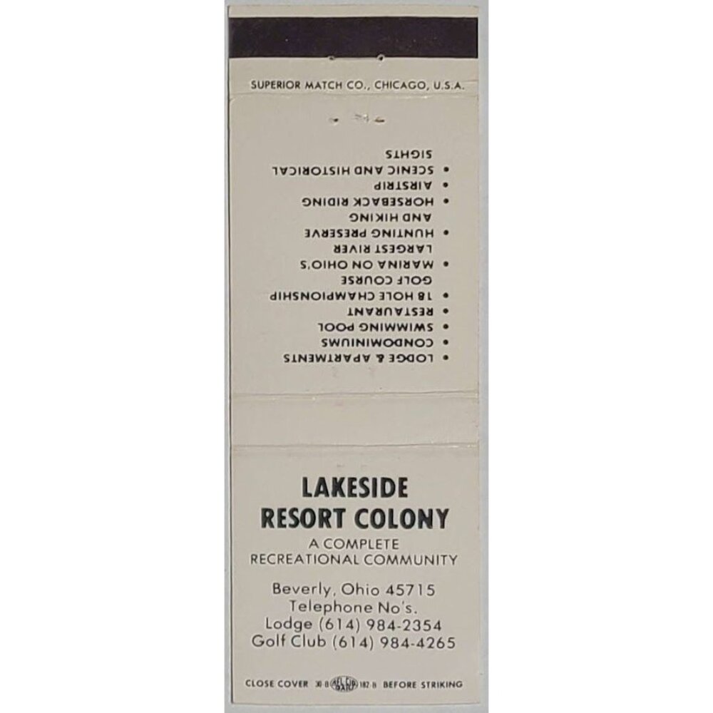 Vintage Matchbook Cover Lakeside Resort Colony Beverly OH Ohio